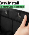 Heavy Duty Over The Door Shoe Organizer With 24 Roomy Pockets, showing easy install hooks for hanging, tear proof black material.