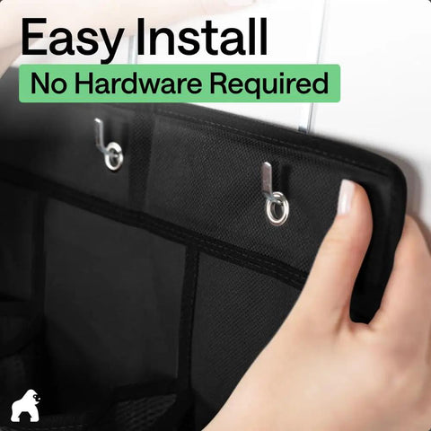 Heavy Duty Over The Door Shoe Organizer With 24 Roomy Pockets, showing easy install hooks for hanging, tear proof black material.