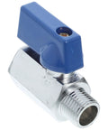 Crush Your Projects With This Rock Solid 1/4 Inch Brass Mini Ball Valve featuring clear blue handle and threaded end for plumbing.