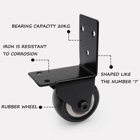 Two Pack Swivel Caster Wheels With L Shaped Plate, 50mm Diameter Silent Caster Replacement, Black rubber wheel, side view