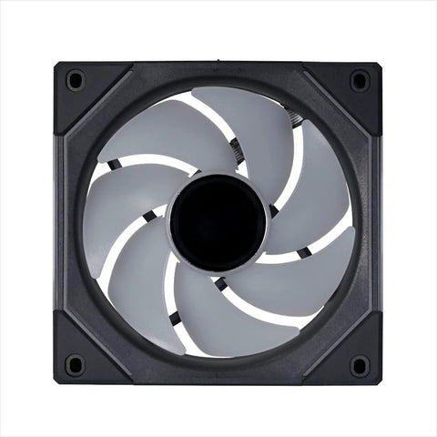 Front view of UNI Fan SL Infinity 120mm ARGB case fan with Infinity Mirror design, black frame, and single cable connection.