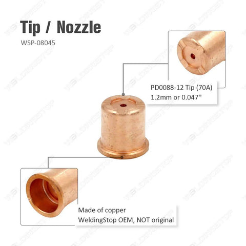 Copper nozzles from 15 Piece Plasma Cutting Consumables Kit for Versa Cut 40 Amp Plasma Cutter CB50 Torch, detail view