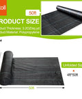 Heavy Duty Woven Weed Barrier Landscape Fabric 4ft by 50ft Black Geotextile Underlayment roll displaying unfolded dimensions.
