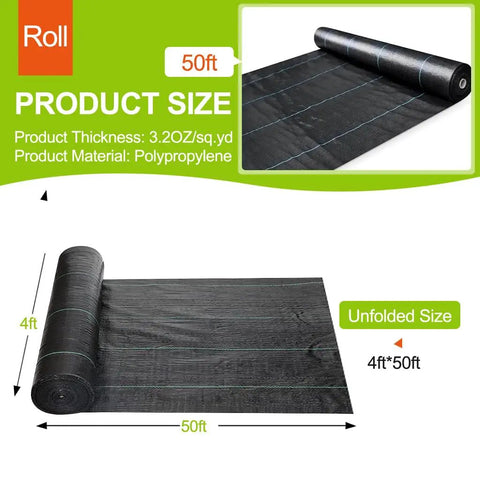 Heavy Duty Woven Weed Barrier Landscape Fabric 4ft by 50ft Black Geotextile Underlayment roll displaying unfolded dimensions.