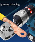 Top Rated Battery Powered Handheld Electric Crimping Machine For Copper Aluminum Terminals Hydraulic Cordless Tool crimping a copper terminal.