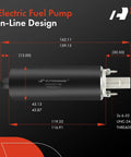High Flow Universal External Fuel Pump 255 LPH Inline High Pressure Fuel Pump With EZ Install Kit Replacement GSL392 400 939, dimensions labeled