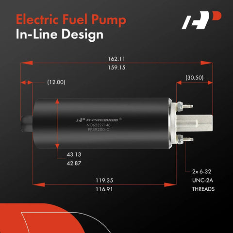 High Flow Universal External Fuel Pump 255 LPH Inline High Pressure Fuel Pump With EZ Install Kit Replacement GSL392 400 939, dimensions labeled