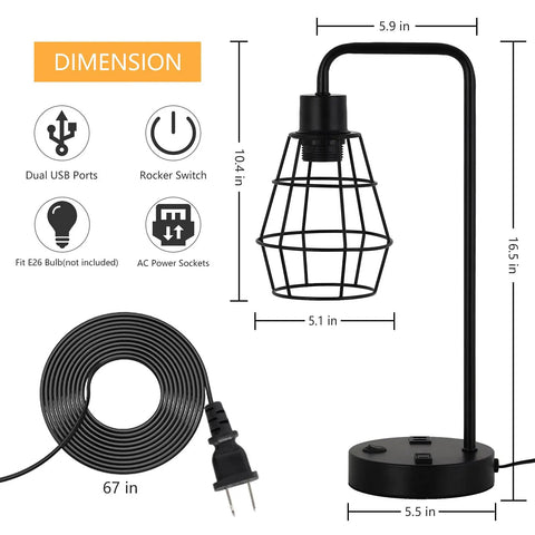 Dimensions and features of Two Pack USB Edison Desk Lamps With Dual USB Ports And 2 Prong Outlet, 16.5in height, wire cage design.