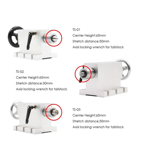 Heavy Duty CNC Tailstock For A Axis And Fourth Axis Rotary Mounts Rock Solid MT2 Taper Workholding For Router Machines shown in three angles.