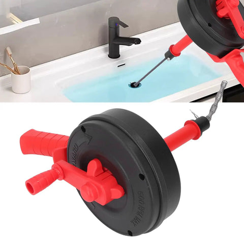 Heavy Duty Manganese Steel Drain Auger 32 Foot Plumbing Snake rock solid pipe unclogger shown near sink drain.