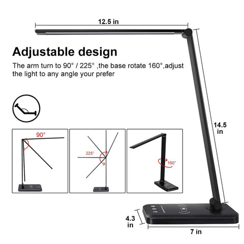 Wireless Charging Desk Lamp With USB Port Dimmable Office Light Featuring Five Modes And Ten Brightness Levels Easy Touch Control Auto Timer 30 And 60 Minutes Eye Caring Black Table Lamp For Your Home Office Setup adjustable design illustration