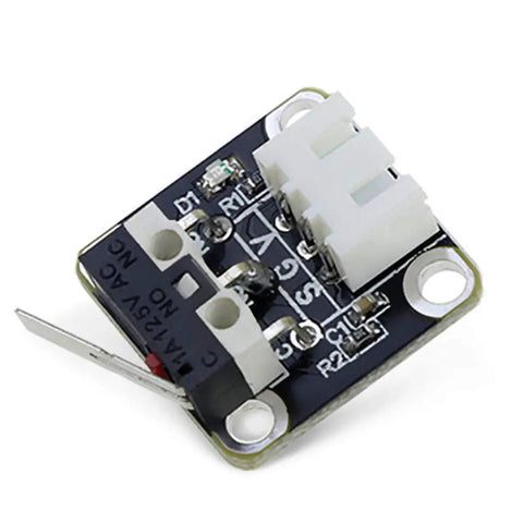 Close-up of Three Pack 3D Printer Limit Switch Endstop Module with 39 Inch Cable for RAMPS, showing three-pin NO NC control and trigger indicator.