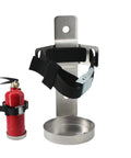 Sturdy Stainless Steel Fire Extinguisher Bracket For Wall Mounts And Car Or Boat Use, Quick Release Snap, shown with 2.5 lb extinguisher