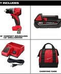 Compact One Half Inch Cordless Drill Driver Kit Featuring Redlithium Battery And Smart Overload Protection with battery, charger, and carrying case.