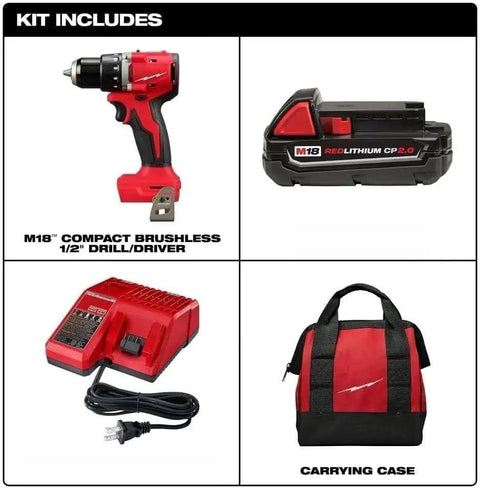Compact One Half Inch Cordless Drill Driver Kit Featuring Redlithium Battery And Smart Overload Protection with battery, charger, and carrying case.