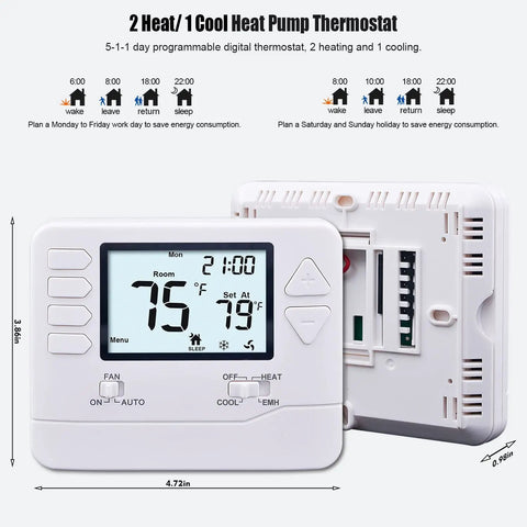 5/1/1 Day Programmable Heat Pump Thermostat For 2H/1C Systems With Aux Emergency Heat, DIY Install, 4.5 Inch Display, front and back