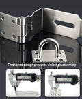 Four Inch Stainless Steel Barn Door Bolt With Ninety Degree Hook Latch And Right Angle Gate Lock on reflective surface.