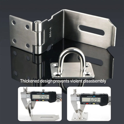 90 Degree Barn Door Bolt Stainless Steel Hook Latch Right Angle Lock Gate with hinge and measuring tool for gate use.