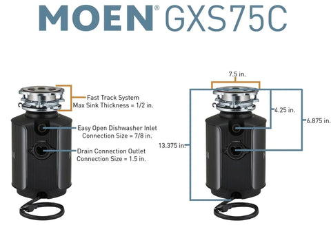 Diagram of Host Series 3/4 HP Continuous Feed Garbage Disposal With Quiet Operation showing dimensions and features.