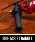 Close-up of 7.5 Amp Half Inch Corded Hammer Drill With 2 In 1 Drilling And Hammer Function showing side assist handle on wood surface