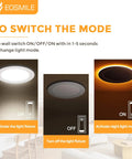 EOSMILE 3 Inch White LED Recessed Lighting with Night Light, 6 Pack showing mode switch instructions and light variations.