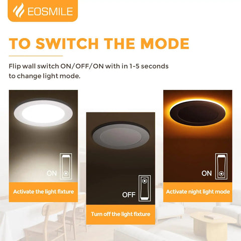 EOSMILE 3 Inch White LED Recessed Lighting with Night Light, 6 Pack showing mode switch instructions and light variations.