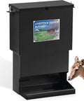 Metal Tough Galvanized Steel Deer Feeder Holds Fifty Pounds Of Corn Or Protein Mix Rust Proof Wild Game Feed Dispenser with deer nearby.