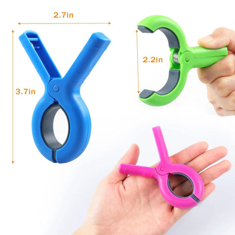 Heavy Duty Beach Towel Clips Eight Pack For Beach Chairs And Pool Loungers Jumbo Size With Strong Grip shown in four colors