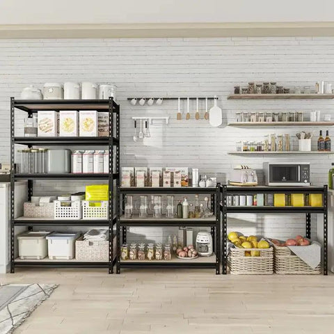 Heavy Duty Metal Storage Rack 60 Inch Iron Frame Shelves With Rock Solid 2000 Lb Per Shelf Capacity 2 Pack showing organized kitchen storage.