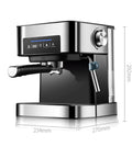 Kickass Semi Automatic Espresso Machine With 20 Bar Pump And Italian Style Frothing Wand For Hella Creamy Cappuccinos Featuring 1.6L Removable Water Tank, side view showing control panel and frothing wand.