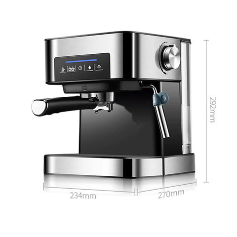 Kickass Semi Automatic Espresso Machine With 20 Bar Pump And Italian Style Frothing Wand For Hella Creamy Cappuccinos Featuring 1.6L Removable Water Tank, side view showing control panel and frothing wand.