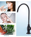 Top Shelf Stainless Steel Drinking Water Faucet For Under Sink Water Filter System Featuring Smooth Flow Non Air Gap RO Design Oil Rubbed Bronze Finish shown with water use features.