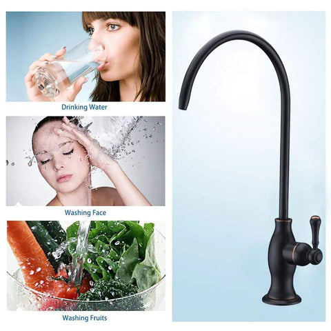Top Shelf Stainless Steel Drinking Water Faucet For Under Sink Water Filter System Featuring Smooth Flow Non Air Gap RO Design Oil Rubbed Bronze Finish shown with water use features.