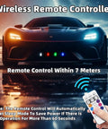 Car with Six Pack Wireless LED Strobe Lights With Remote Control, 8 Colors USB Charge, showing remote operation up to 7 meters