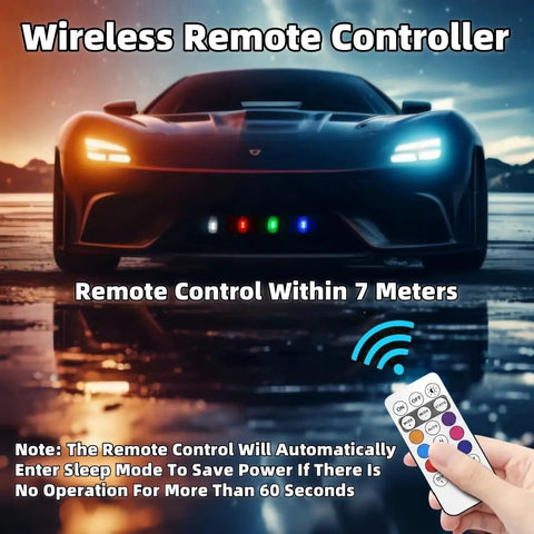 Car with Six Pack Wireless LED Strobe Lights With Remote Control, 8 Colors USB Charge, showing remote operation up to 7 meters