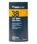 Fibre Glast 38 milled glass fibers container for resin and epoxy, labeled as 1/32 inch, net weight 2 lbs, navy blue and orange design.