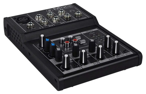 Five Channel Compact Mixer with mad headroom and low noise, mic and line input, two band EQ, phantom power, black design