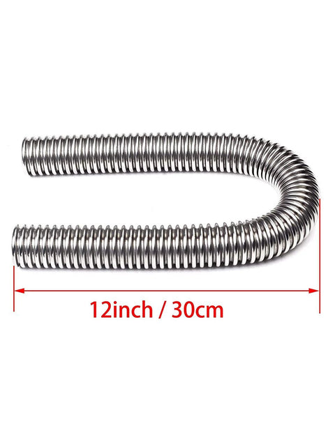 Stainless steel radiator hose, side view, 12 in (30 cm) long for automotive cooling.