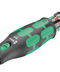 Zyklop Pocket Ratchet Set Imperial 1 With Integrated Bit Magazine, 13-Piece Kit, compact black green handle with driver bits