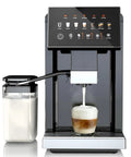 Front view of a Fully Automatic Espresso Machine With Built-In Grinder, 20 Bar Pressure, Auto Self-Cleaning, Touch Control making a latte.