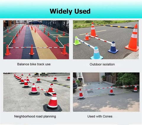 10 Pack Retractable Traffic Cone Barricade Bar Set with Adjustable Range from 4.1 Feet to 6.56 Feet used in various settings
