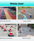 Collage of various uses for Ten Pack Heavy Duty Retractable Traffic Cones With Hella Visible Reflective Strips in different settings.