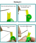 Instructional steps for using 3 Pack Automatic Needle Threaders for Sewing Machines with durable plastic design in green.
