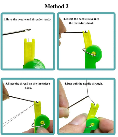 Instructional steps for using 3 Pack Automatic Needle Threaders for Sewing Machines with durable plastic design in green.
