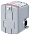 Front view of a Well Water Pump Pressure Switch 40 60 PSI With Adjustable Differential One Quarter Inch NPT Auto Control in gray casing.