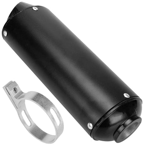 Rugged 1.1 Inch ATV Exhaust Muffler Silencer Pipe And Clamp Gasket For 50cc To 125cc Chinese ATVs and Quad Bikes, metal clamp visible