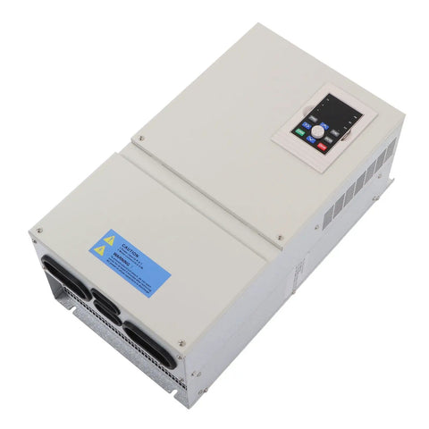 Beefy 3 Phase VFD Inverter For CNC Spindle Motors, 30KW To 37KW Output, 0 To 320 Hz Speed Control, Air Cooled IP20 Aluminum Alloy Housing, 380V Input, Industrial Grade Frequency Drive For Indoor Use front view with keypad
