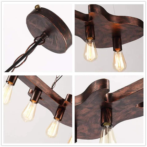 Close-up of Dope Bronze Linear Island Light With Guitar Shade, showing detailed fixture and bulbs, industrial farmhouse style.