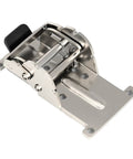 Close-up of chrome industrial locking hinge folding leg bracket for tables/workbenches; 180° foldable