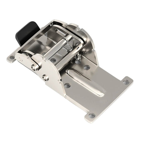 Close-up of chrome industrial locking hinge folding leg bracket for tables/workbenches; 180° foldable